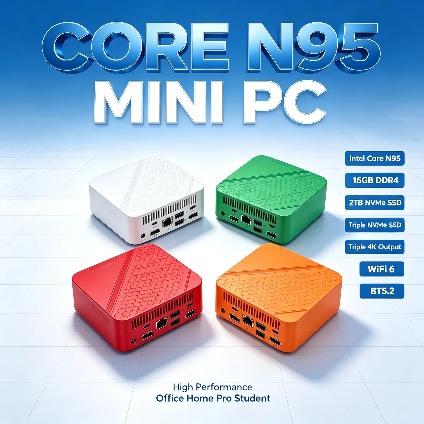 Mini Desktop Intel Core N95 16GB DDR4 2TB NVMe SSD Triple 4K Output WiFi6 BT5.2 High Performance Office Home Pro Student