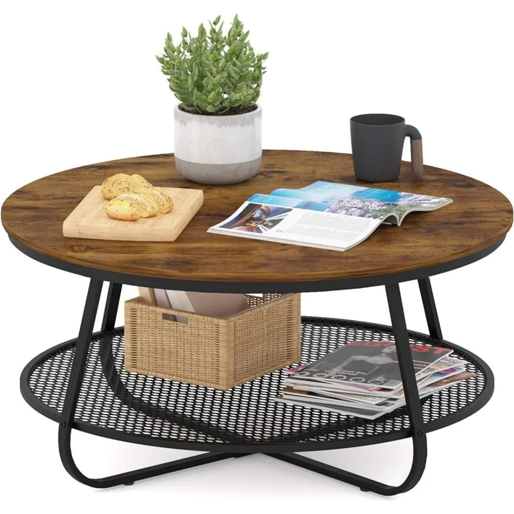 

Restaurant Tables Basses Coffee Table Round With Open Storage 35.8”Industrial 2-Tier Circular Coffee Table for Living Room Coffe