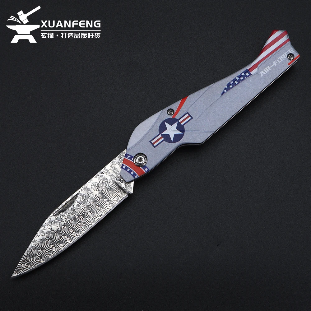 パーソナライズされたクリエイティブなダマスカス鋼折りたたみナイフ、高硬度フルーツピーリングナイフ、キャンプ用多機能ナイフ