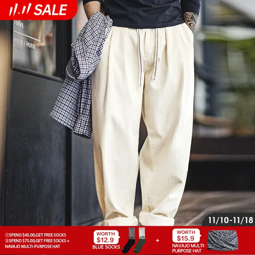 

Maden Men Cotton White Balloon Pants Solid Color Loose Wide Leg Casual Pants Streetwear Spring Autumn Trousers Plus Size XL 2XL