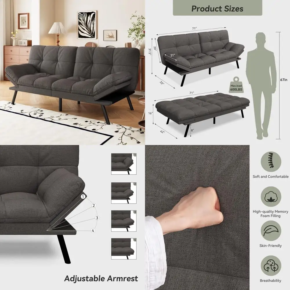 Memory Foam Futon Sofa Bed with Detachable Cushions, Adjustable Backrest and Armrests, Modern Linen Loveseat for Comfortable Sle