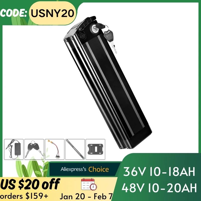 36V 48V Ebike Battery, 10Ah 13Ah 15Ah 17.4Ah 20Ah Black Silver Fish E-Bike Replacement Battery, fit for 250W-1500W Motor