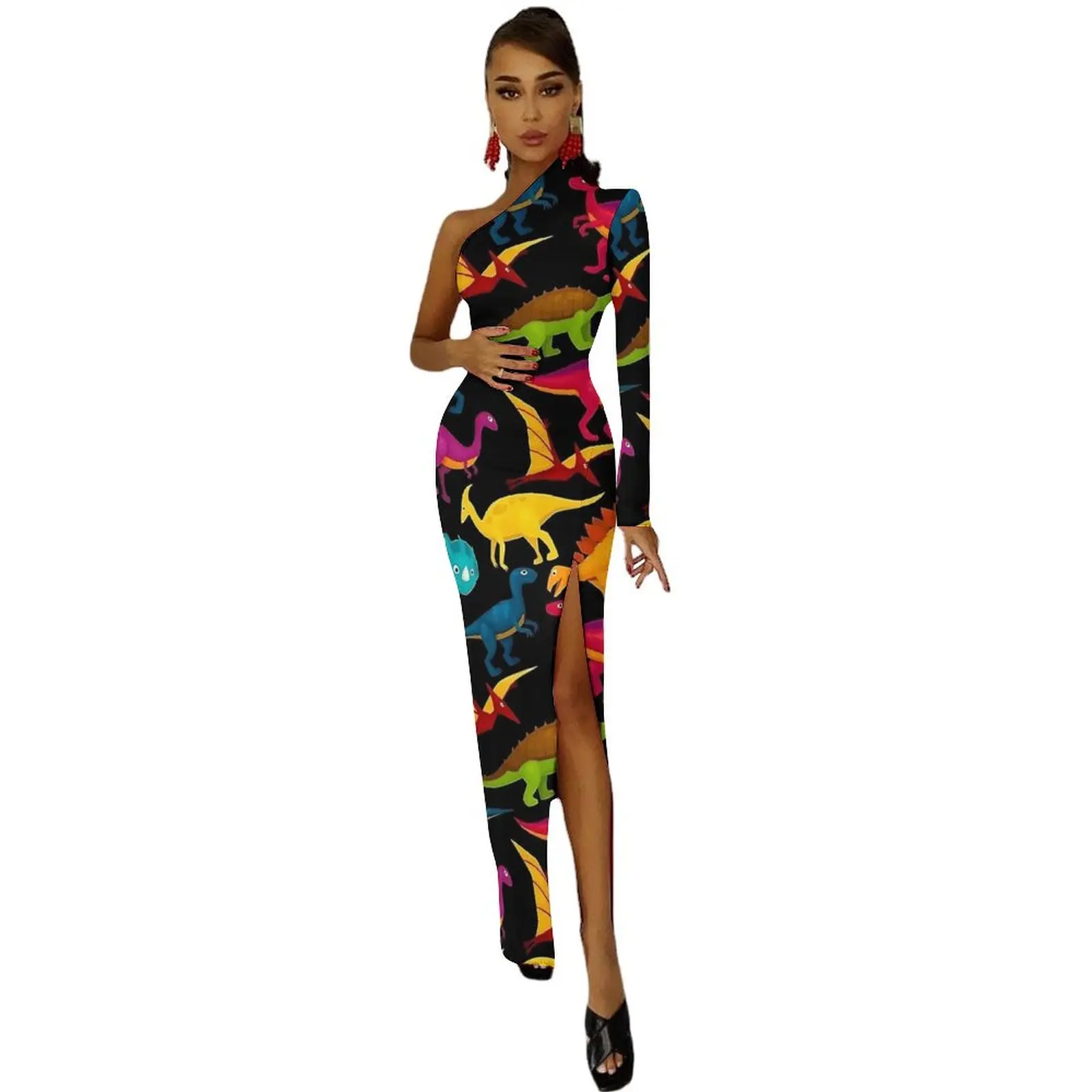 Bonito dinossauros bodycon vestido mulher cor animal elegante maxi vestido de manga longa estilo rua vestidos personalizados presente aniversário