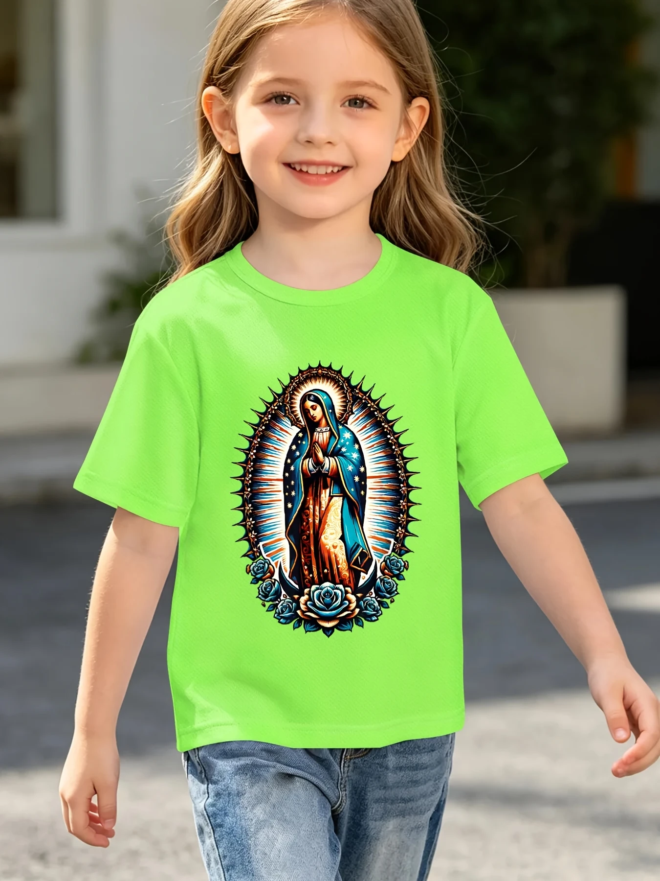 Our Lady Of Guadalupe Virgin Mary Rose Religious Graphic Print T Shirt Family Matching Boys Girls Kids Short Sleeve Daily Tees