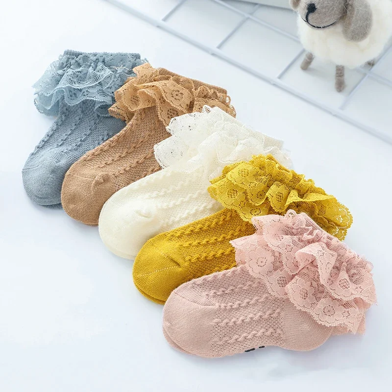 Korean Cute Princess Stitch White Floor Socks Spring Summer Thin Cotton with Lace Ruffles Socks for Girls Baby Newborn Kids