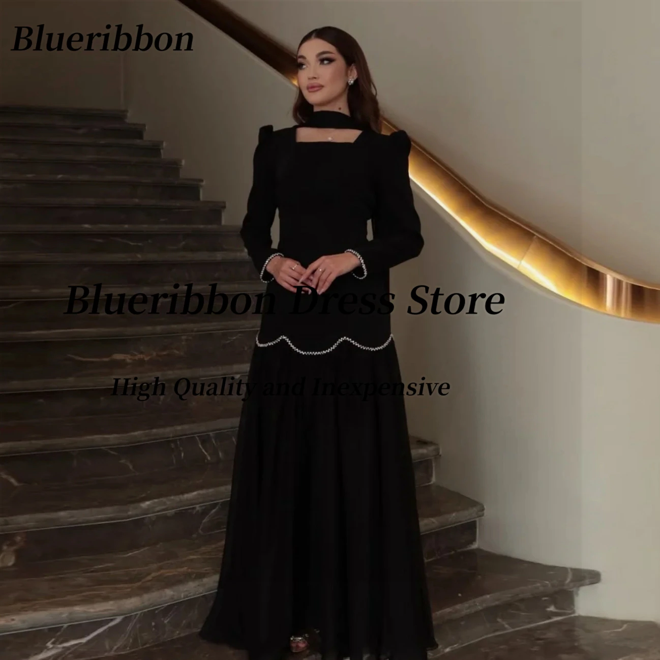 

Черные платья для выпускного вечера Blueribbon с квадратным вырезом, платье для дня рождения, с длинными рукавами и бисером, вечерние платья для особых случаев по индивидуальному заказу
