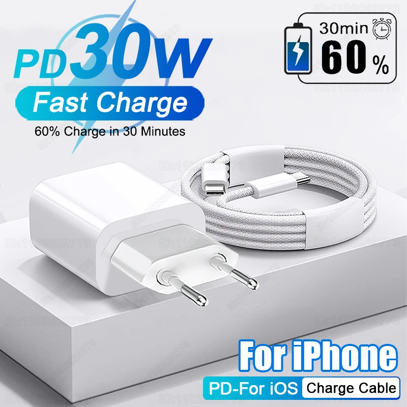 PD 30W Fast Charger For iPhone 15 11 12 13 14 Pro Max Plus XR X XS Max Charger Fast Charging USB Type C Cable Phone Accessories