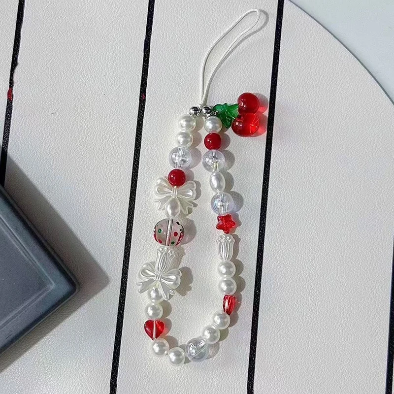 Cute Cherry Bow Pearl Beads for Girls, Phone Charm Strap, Lanyard for Keys, Decoration for iPhone, Christmas Gift