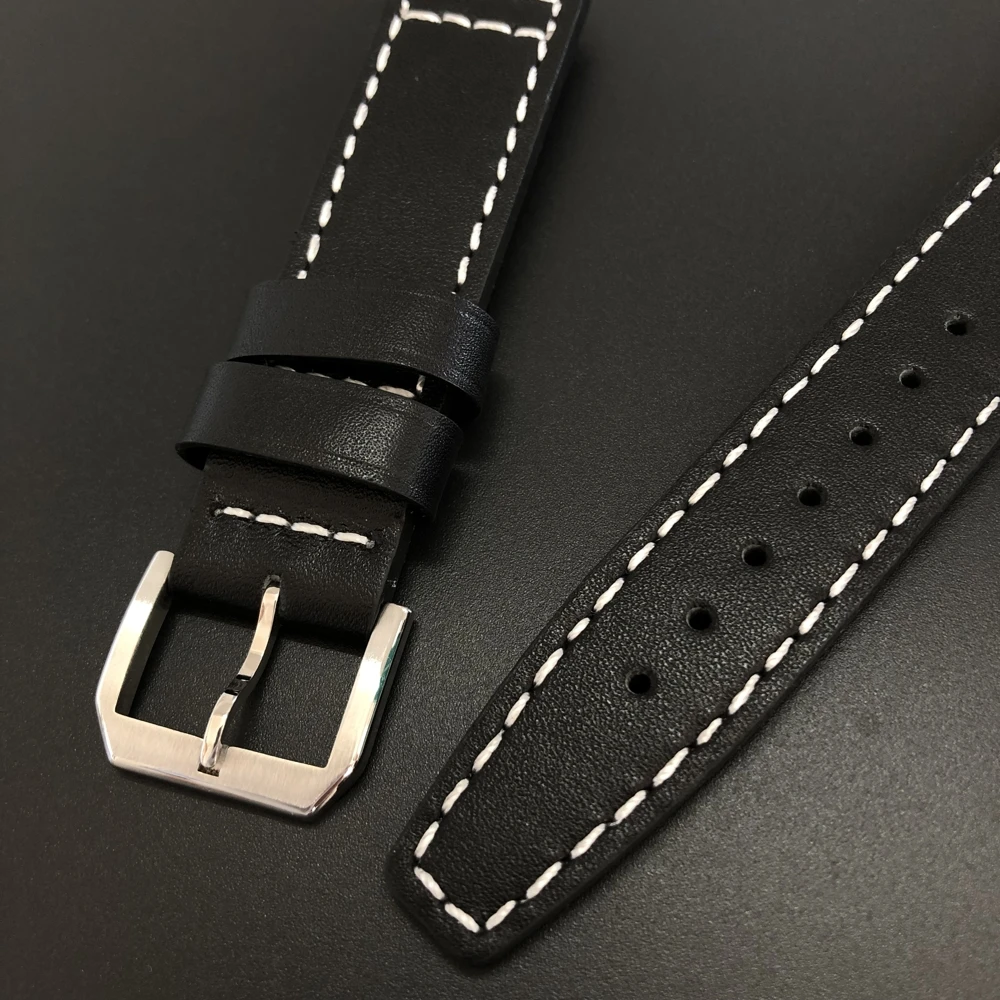 SD2502 Stitched Leather Strap 20MM Width STEELDIVE SD2501 Classic Retro Black Belt