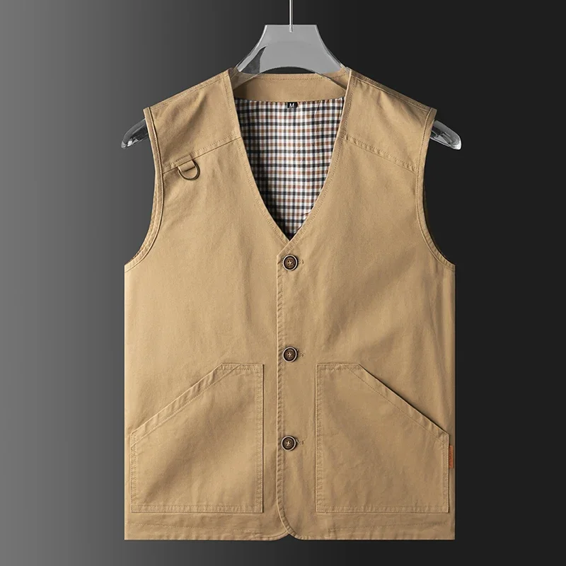 

Men‘s Vest Summer Fashion V-neck Solid Color Sleeveless Loose Soft Speed Drying Multi Pockets Outdoor Fishing Waistcoat