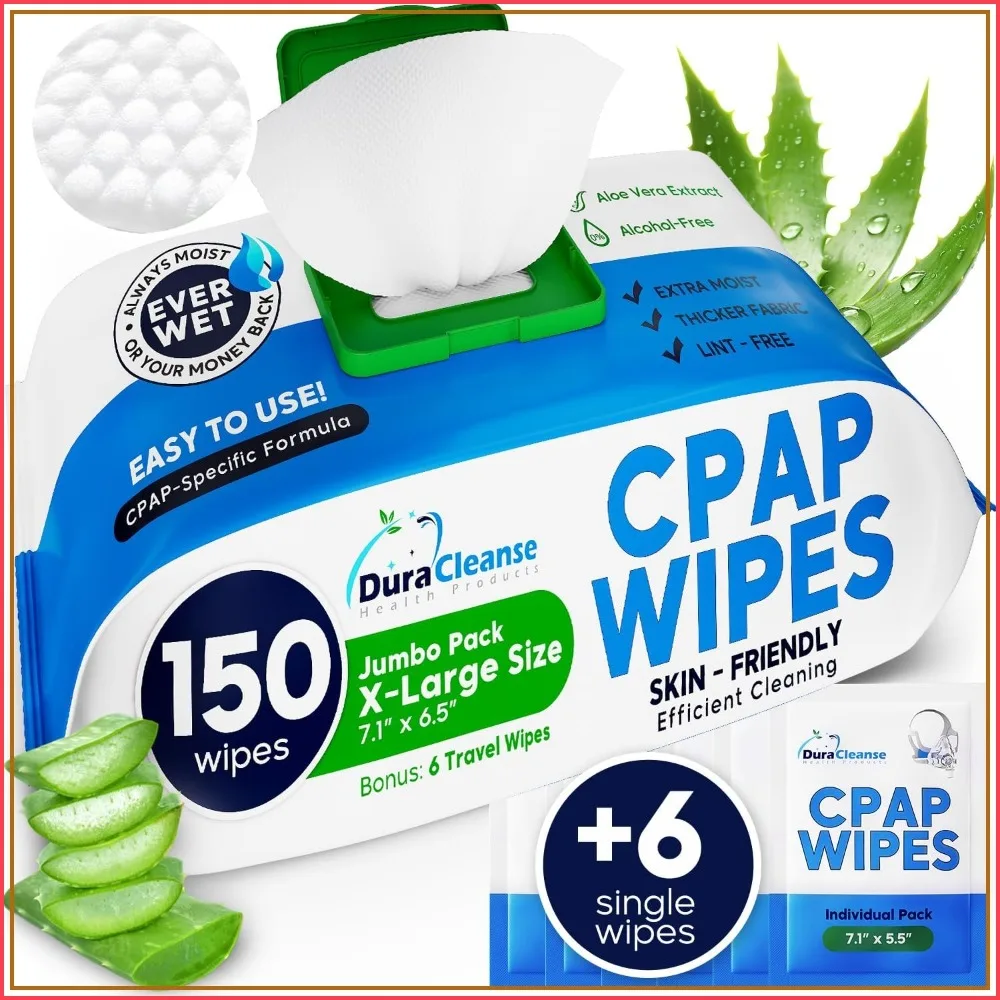 CPAP Mask Wipes 150ct + 6 Travel Sheets - Extra Large, Extra Moist Unscented Cleaner for Full Face & Nasal Masks