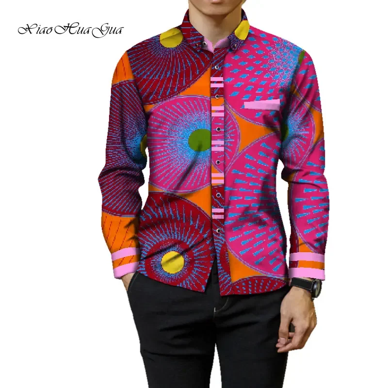 Fashion Mens Africa Festive Clothing Ankara Clothes African Print Tops Long Sleeve print Cotton patchwork T-shirt wyn905