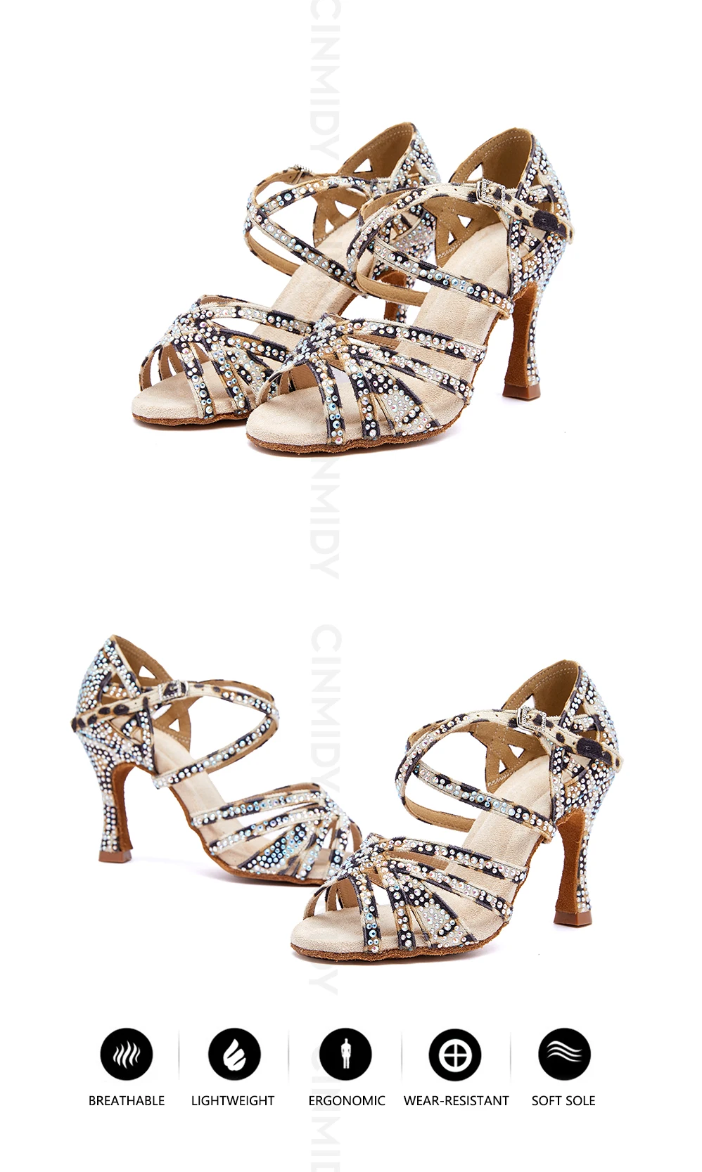CINMIDY Leopardenmuster Tanzschuhe für Damen Weiche Sohle Rutschfeste Latein-Tanzschuhe Ballsaal-Tanzschuhe Modische Damensandalen – Detail 2