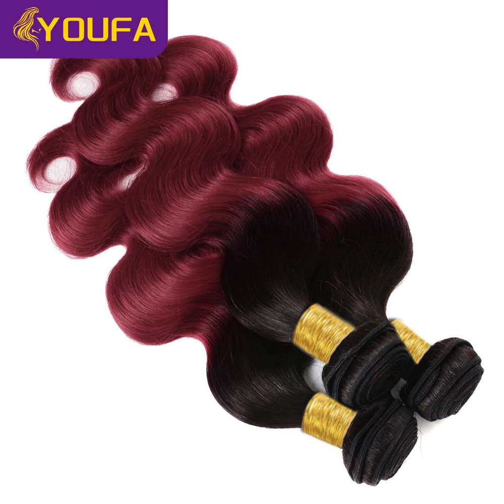 YOUFA 30 32 Inch Ombre Burgundy Body Wave Human Hair Bundles 1B Wine Red Body Wavy Human Hair Weave Bundles For Black Women