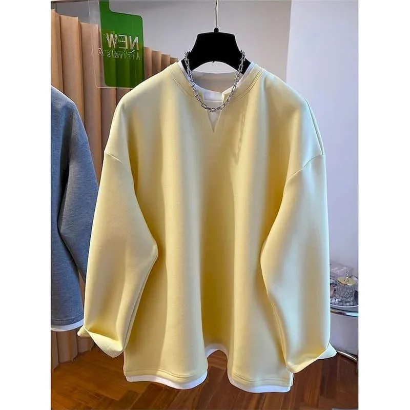 

Pop Solid Hoodies For Women Elegant O-neck Fake Two Pieces T-shirts Casual Korean Style Long Sleeve Aesthetic Vintage Clothes Tr