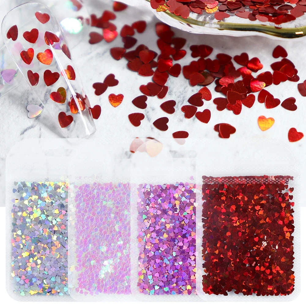 Holographic Silver Love Heart Glitter Nail Sequin Loose Bulk Red Valentine Day Decoration for DIY Epoxy Resin Nails Accessories