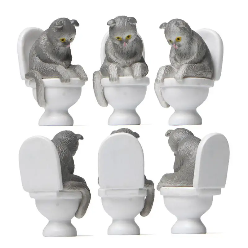 Funny Sitting On Toilet Seated Posture Kitten Figurines Micro Landscape Ornament Home Desktop Office Decoration