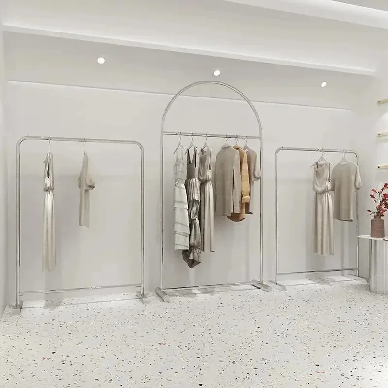 

Stainless steel silver hanging clothes rack clothing store display rack floor type
