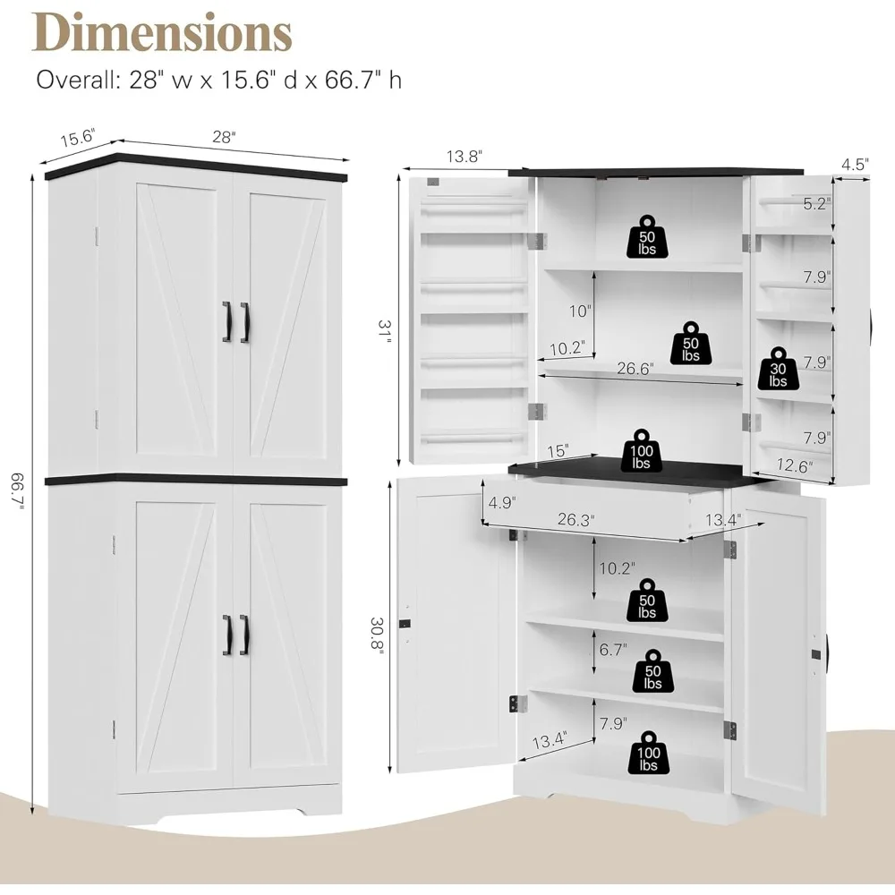 Vongrasig Kitchen Pantry Storage Cabinet with Barn Doors, Drawer and Adjustable Shelves, 6-Tier Tall Rustic Wood Cupboard Locker