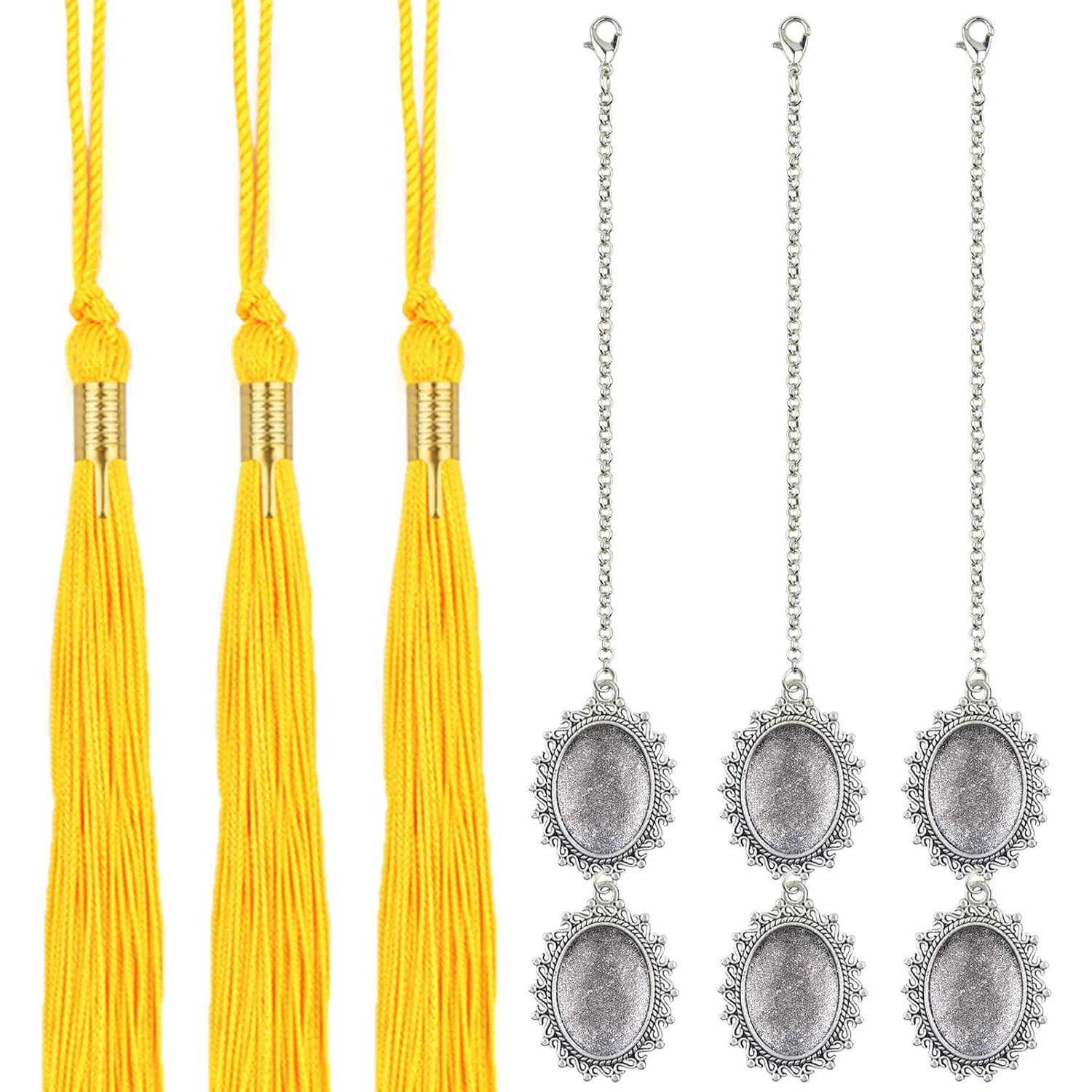 

3 шт. подвесок для фото в виде выпускных шапочек, двойные овальные фоторамки с цепочками-подвесками и 3 шт. желтых кисточек с прозрачными стеклянными колпачками