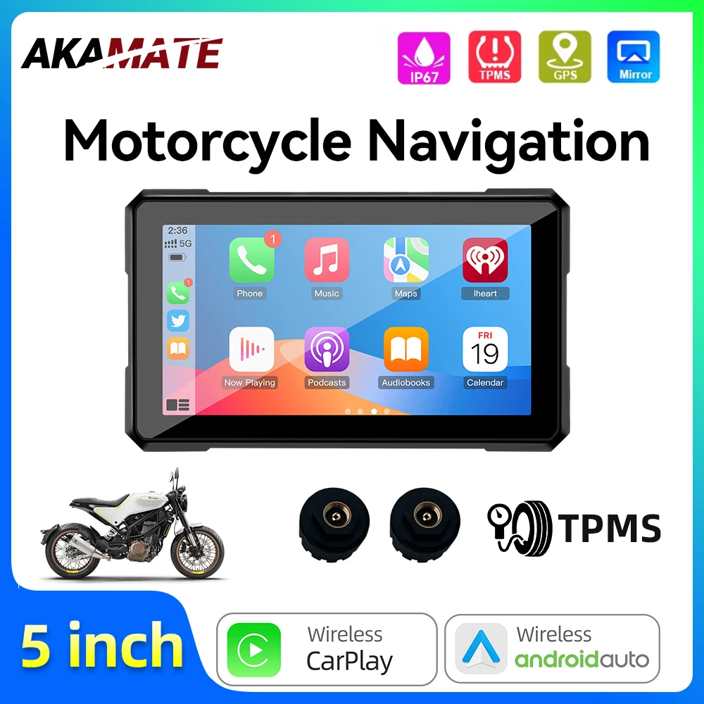 

5inch Motorcycle Monitor Wireless CarPlay Android Auto Bluetooth Waterproof Portable Touch IPS Multimedia Screen GPS Navigation