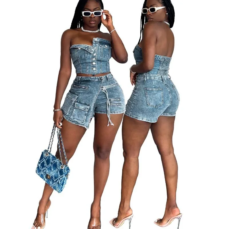 

Cargo Denim 2 Piece Set Women Outfits Summer Single Breasted Stretch Strapless Tank Crop Tops Pockets Skirts Shorts Streetwear