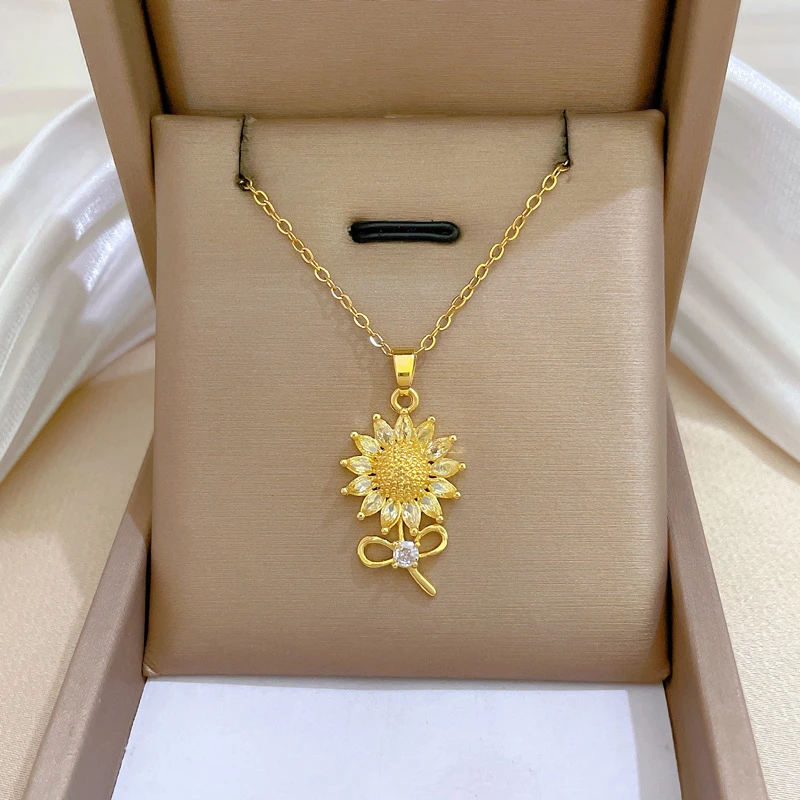 Fashion Sunflower Zircon Pendant Necklace for Women Girls Stainless Steel Chain Party Accessories Jewelry Gifts