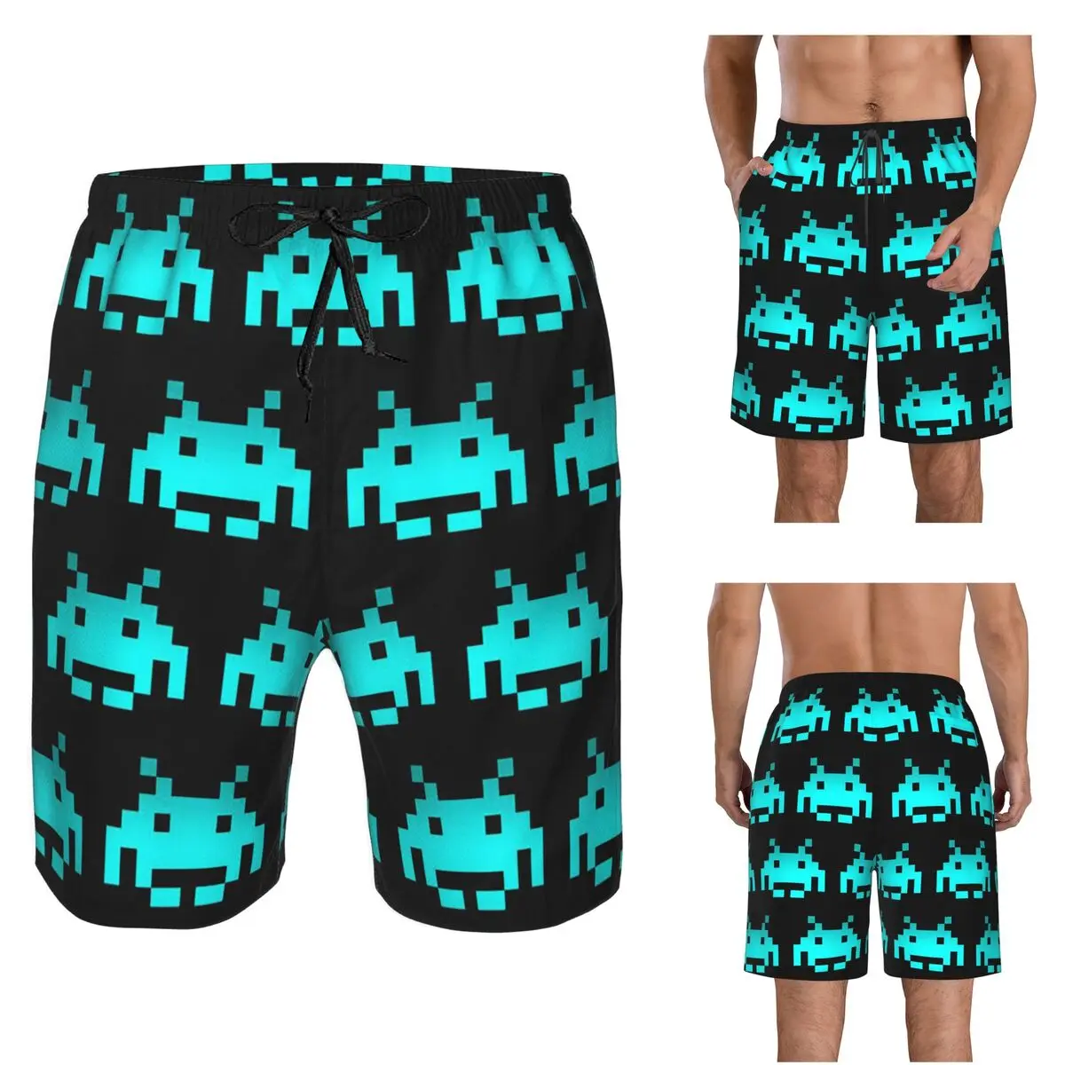 Retro Game Space Invaders Black Trunks Beach Board Shorts Casual Quick Dry Swim Summer Men Pants