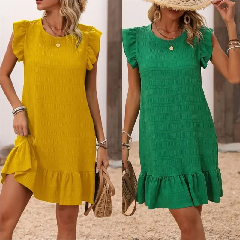 

Summer Flying Sleeve Ruffles Mini Dress Women Casual Loose Short Dresses For Women 2024 Elegant Beach Holiday Beach Sundress