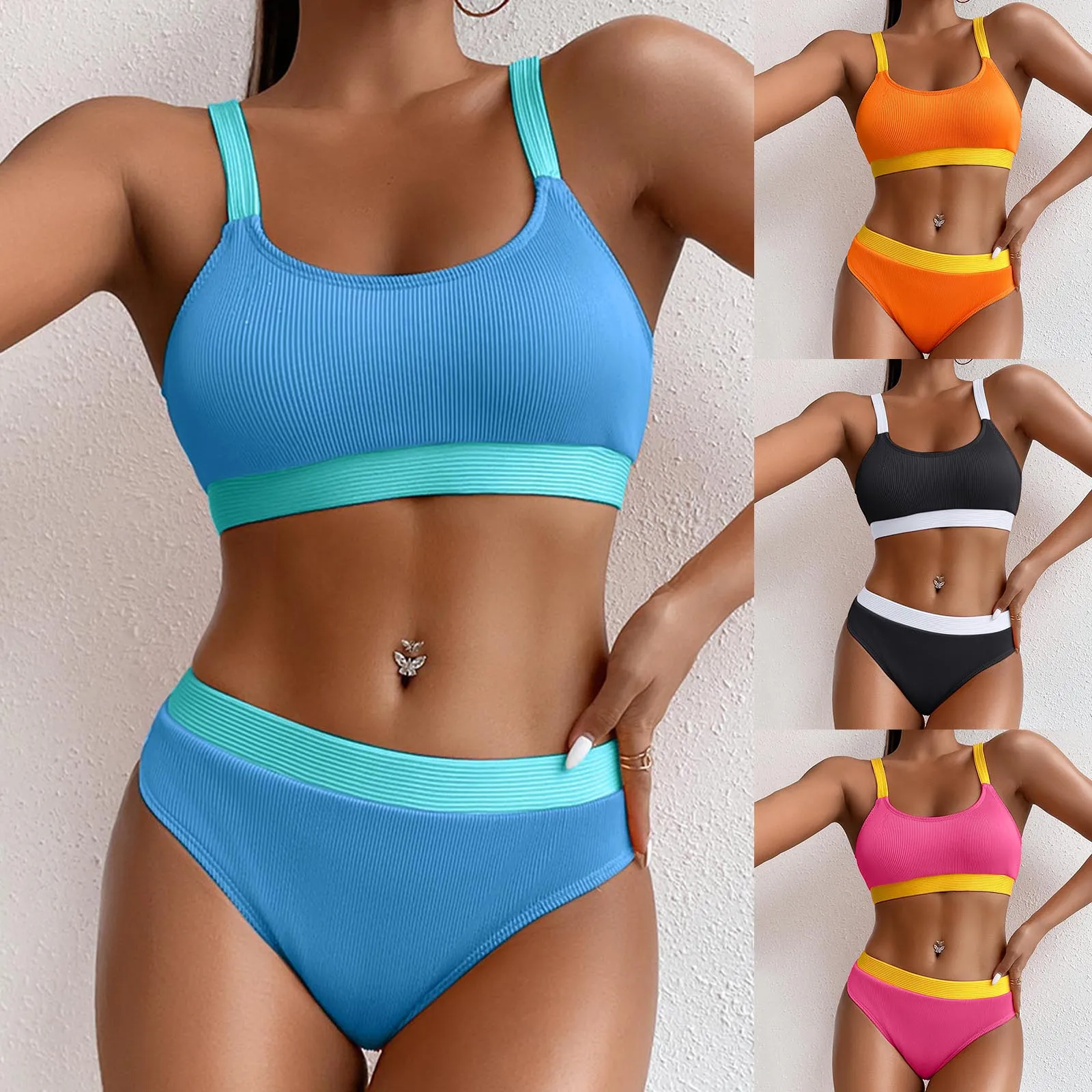 Ladies High Waist Bikini Sets Push Up Color Blocking Printed Swimsuits Suits Female Beachwear Swimwears Tankinis Set 2024 New