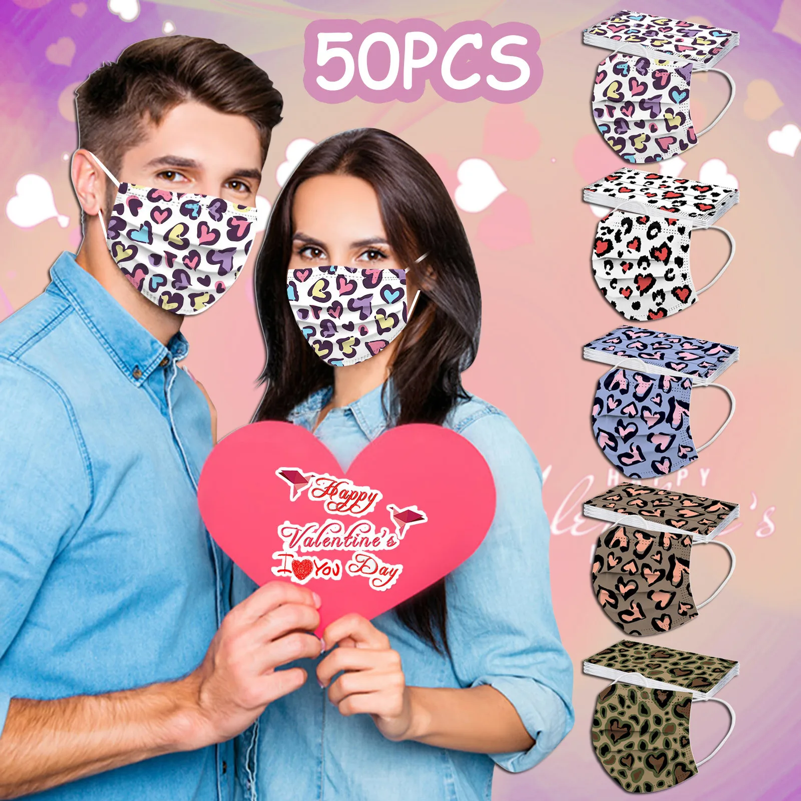 50pcs Adult Disposable Valentine'S Day Hearts 3ply Protective Face Mask Cubre Bocas Desechables Disposable Mouths Covers