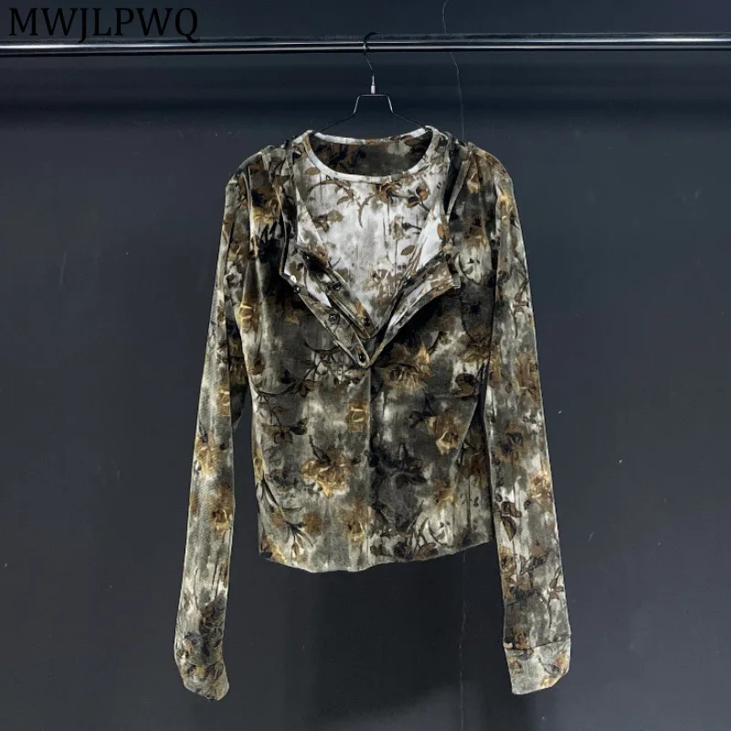 

MWJLPWQ Мужская футболка с длинным рукавом с цветочным принтом High Street, дизайн с несколькими воротниками и пуговицами, новинка 2023 года, свободные повседневные топы для пар, осень 11677