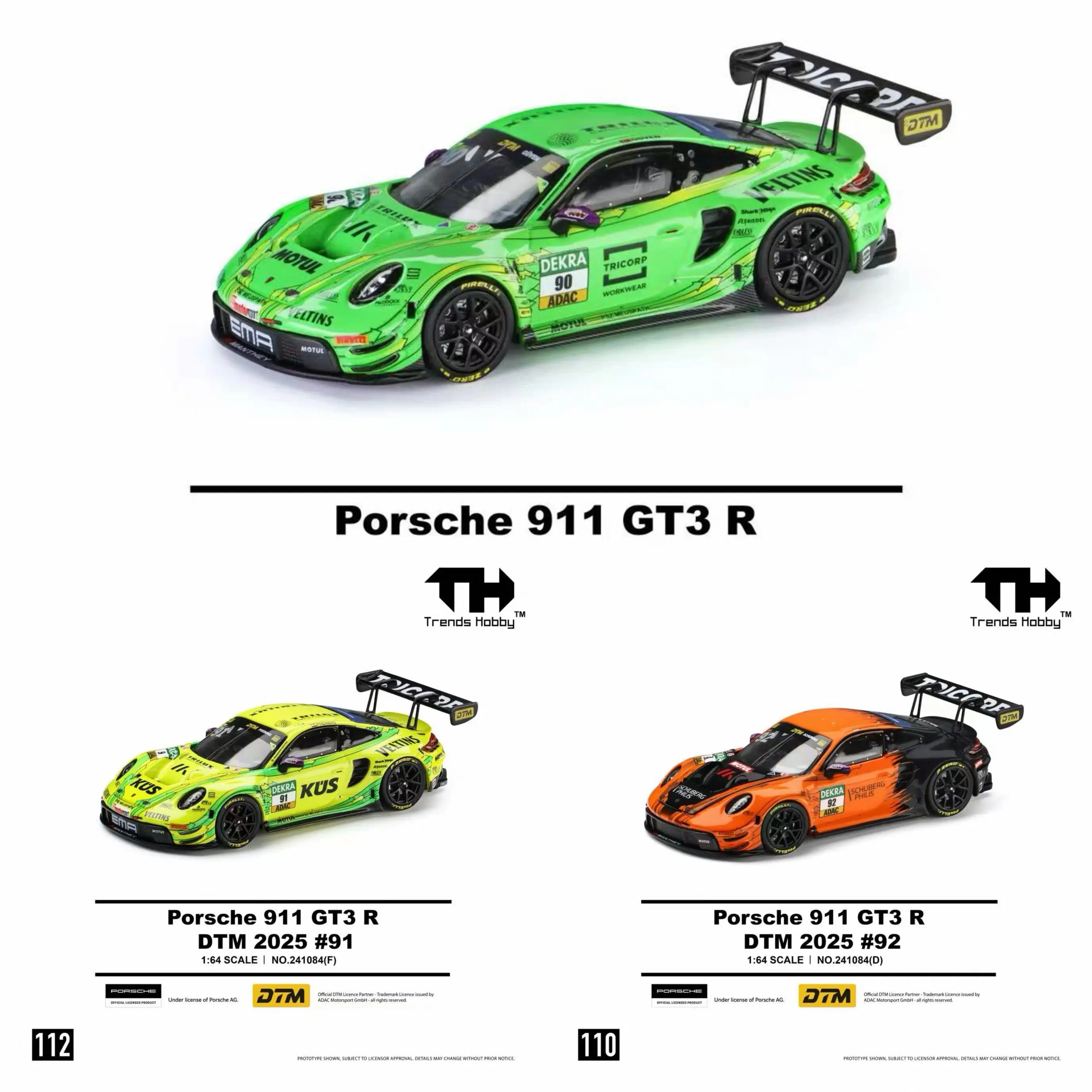 TH-Trends Hobby 1/64 Porsche 911 GT3 R - DTM 2025 92 Removable Cover Car Alloy Toys Diecast Metal Model Kids Toys Boys