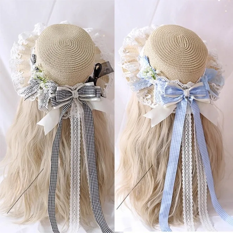 

Разноцветная соломенная шляпа в клетку Lo для девочек, японская универсальная бежевая маленькая свежая деревенская светло-голубая шляпа от солнца с милым бантом