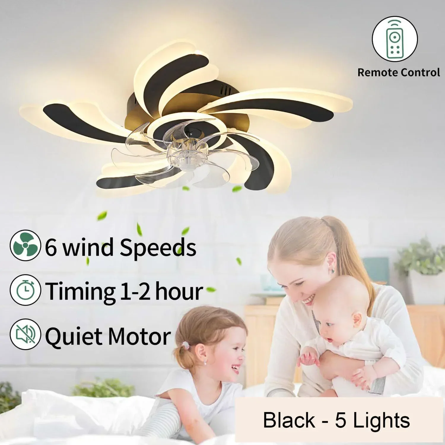 Creative Flower Shape Black White Ceiling Fan Light LED Ceiling Lamp Remote Control Bedroom Silent Electric Fan Lamp Ventilators