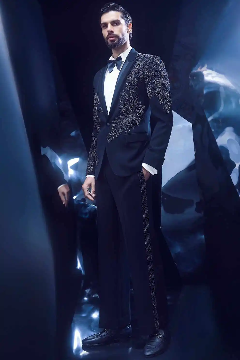 Fashion Wedding Men Suit Beads Prom Party Suit 2-PCS Coat Pants Tailor-Made Groom Groomsman Formal Occasions Size Customized