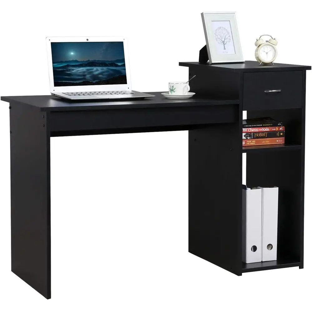 Wooden Storage Computer Desk with Monitor Stand, Laptop Table for Home Office, Simple Style Workstation, Black