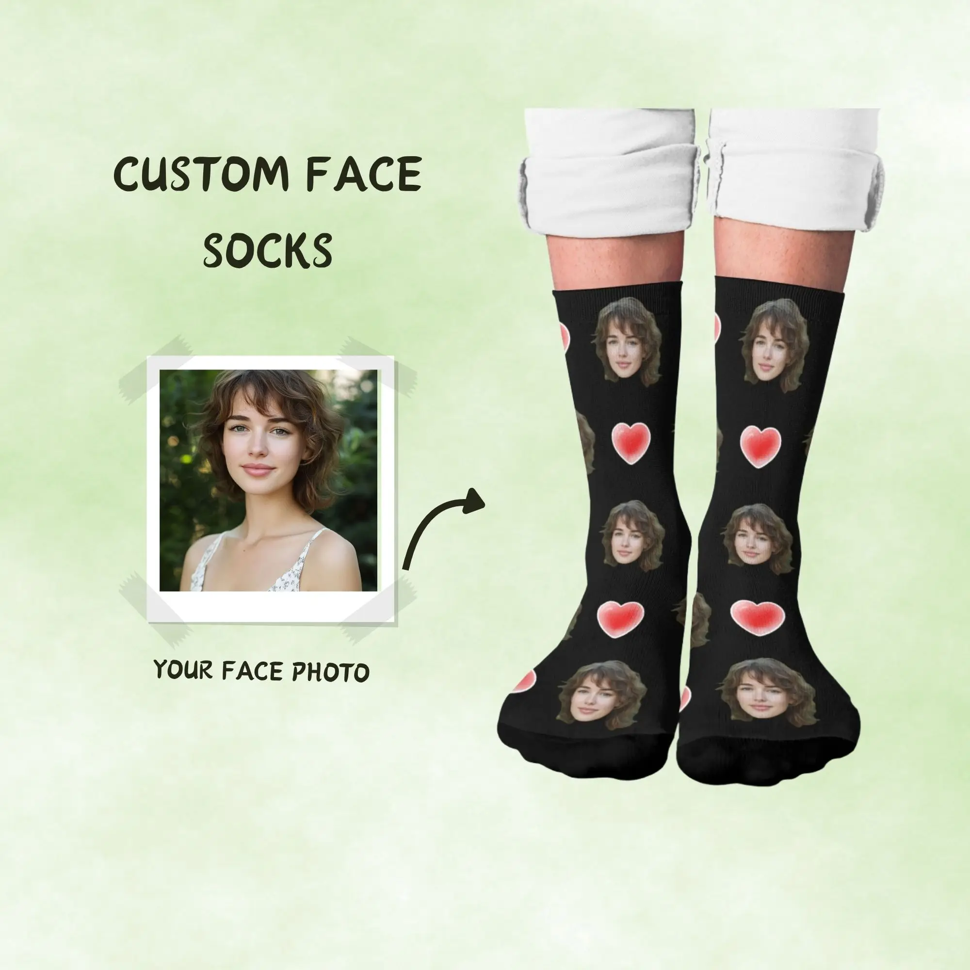 

Sweet Couple’s Custom Face & Red Heart Love Crew Socks Black with Black Toe Personalized Unique Memory Gift for Lovers Crush