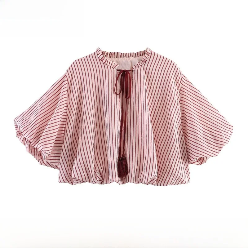 Fashionable Striped Balloon Sleeve Top with Bow Knot for Women New Arrival Spring Summer Casual Style Polyester Fabric Short ...