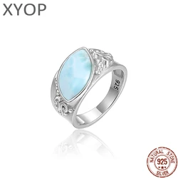 925 Sterling Silver Natural Gemstone Larimar Ring Ocean Larimar Retro Ring For Women Party