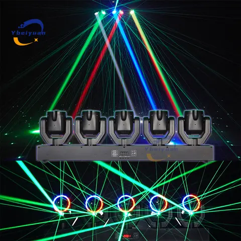 5-Head XY Rotating 180W LED Moving Head Beam DJ Disco Light DMX512 Voice Control RGBW Beam + Green Laser for Party Bar Christmas