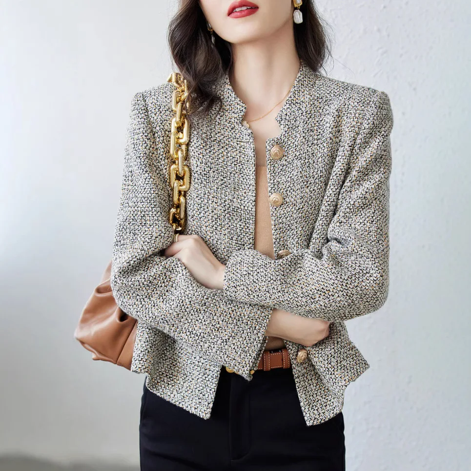

Fashionable Small Fragrance Style Women's Coat Woolen Stand Collar Spring Autumn New Arrival Cleanfit Polyester Cotton Blend