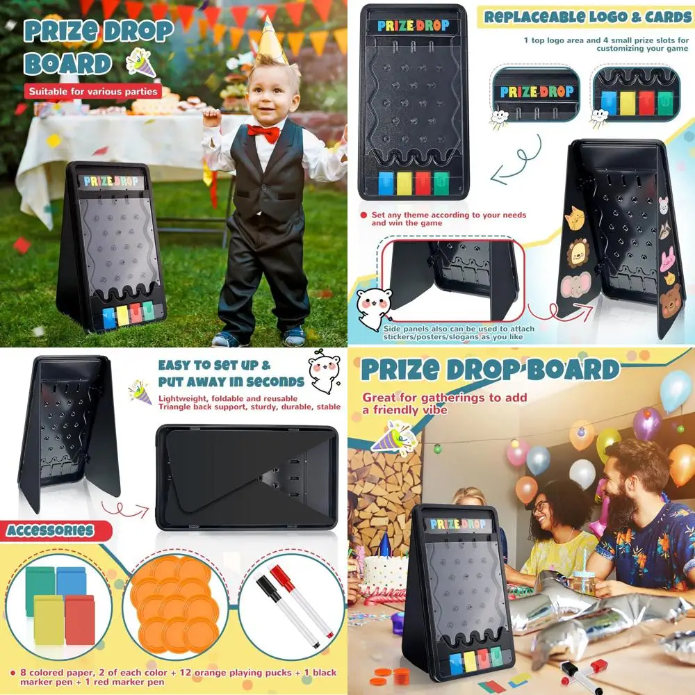 

Customizable 4-Slot 25x14 Inch Prize Drop Board with 12 Pucks, 8 Papers, and 2 Markers for Carnivals and Tradeshows