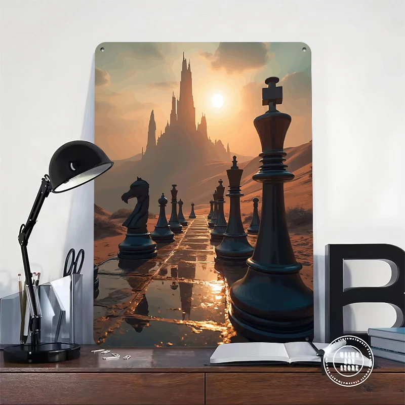 Chess Pieces in a Desert Landscape Tin Poster Customized Wall Art Retro Vintage Metal Signs for Fans Room Wand Deko Office Decor