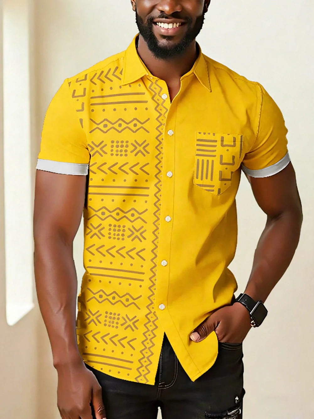 African Tribal Geometric Line Splice Pattern Unisex Short Sleeve Blouse Camp Collar Loose Vacation Shirt