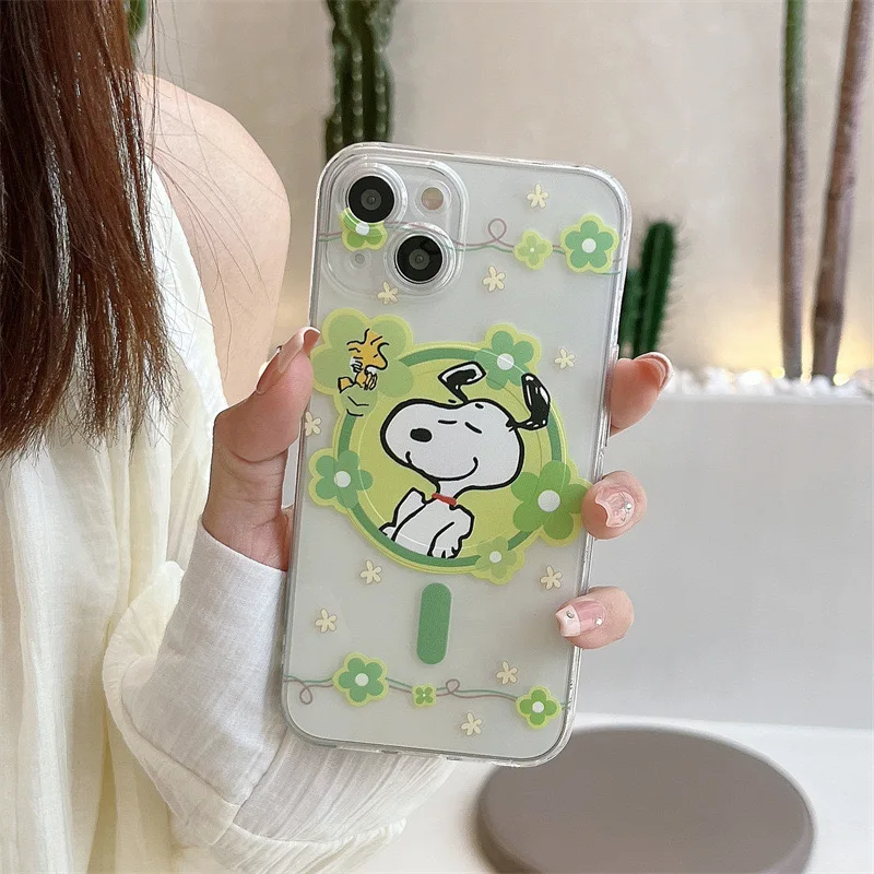 Cute Cartoon Snoopies Flowers Magsafe Magnetic Phone Case For Samsung Galaxy S24 S23 S22 S21 S20 FE Plus Ultra 5G Soft TPU Cover