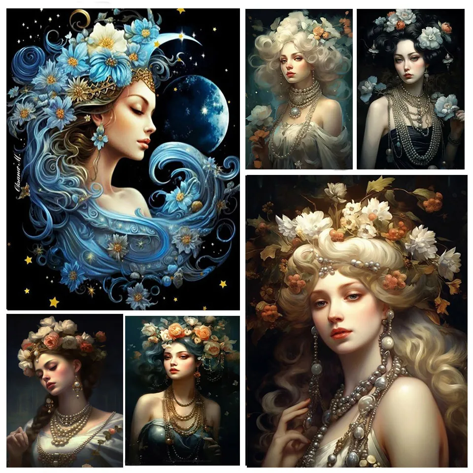 New 2024 Diamond Painting Moon Flowers Woman Full Diamond Mosaic Europe Lady 5d Diy Puzzle Embroidery Picture Home Decor YG4554