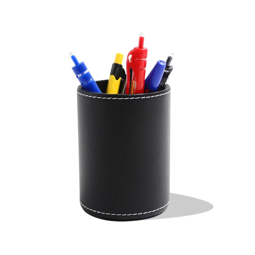 

1pc Round Pen Holder Container Made Of Premium Pu Black Sturdy Lightweight Desktop Organizer For Office Home School