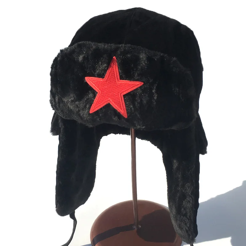 Lei Feng Hat Men\'s And Women\'s Winter Warm Hat Plush And Thick Cold Proof Cycling Ear Protection Red Five Pointed Star Hat C92