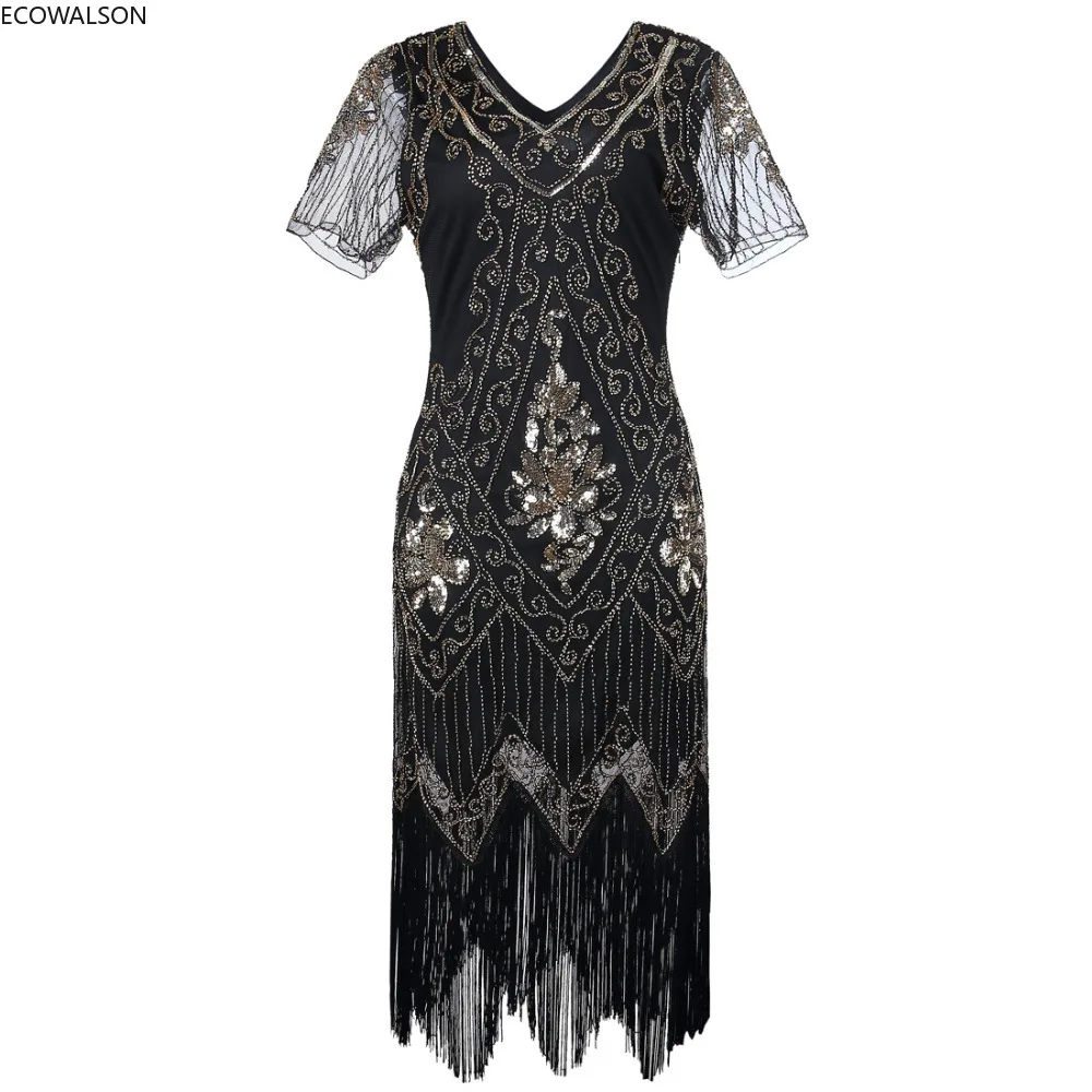 Gatsby 1920s Flapper Dress Women V Neck Cocktail Party Dress Vintage Sequin Fringe Party Dress with Sleeve for Prom